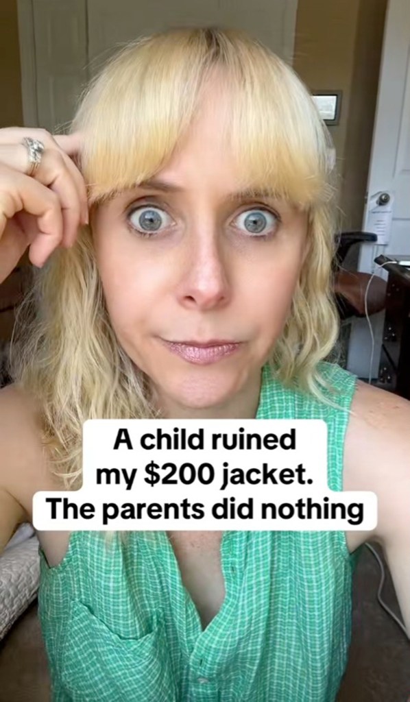 Woman with blonde bangs reacting to a child who destroys her 200 -dollar jacket.
