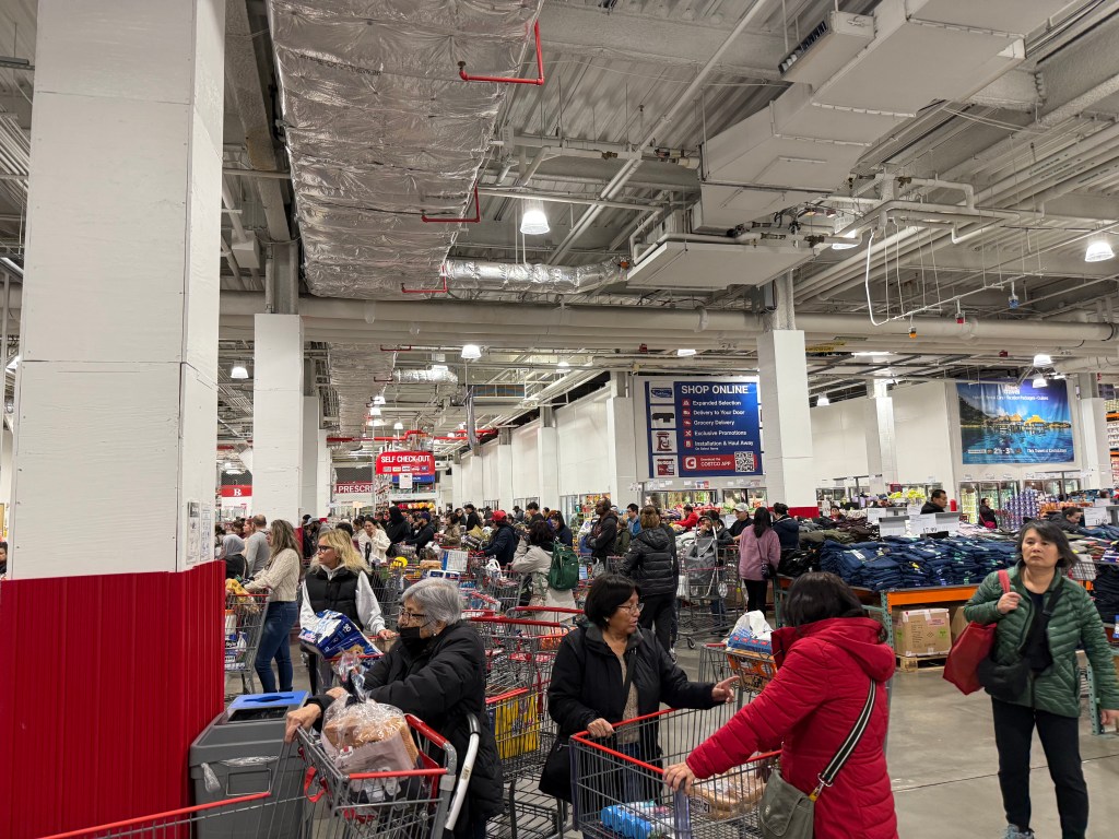 Long crate lines in a cost -busy store.